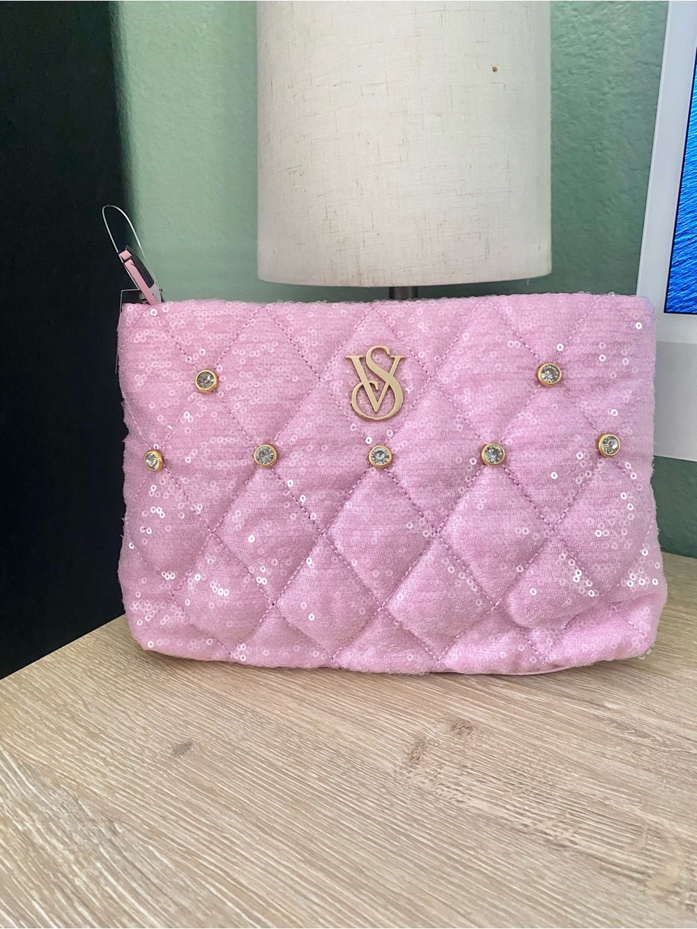 Victoria's Secret Pink Quilted Sequin Wristlet with Gold Logo